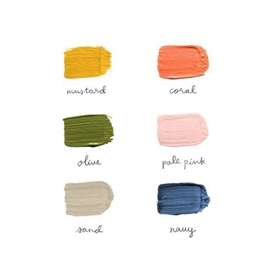 Color palette swatches showing olive green, coral, mustard, and navy blue paint strokes with handwritten labels.