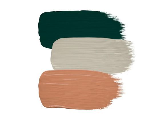 Paint swatches showing a gradient from deep forest green to peach tones.