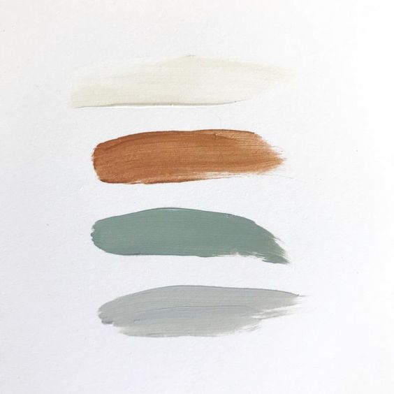 Horizontal brush strokes in muted earth tones and sage green on white background.