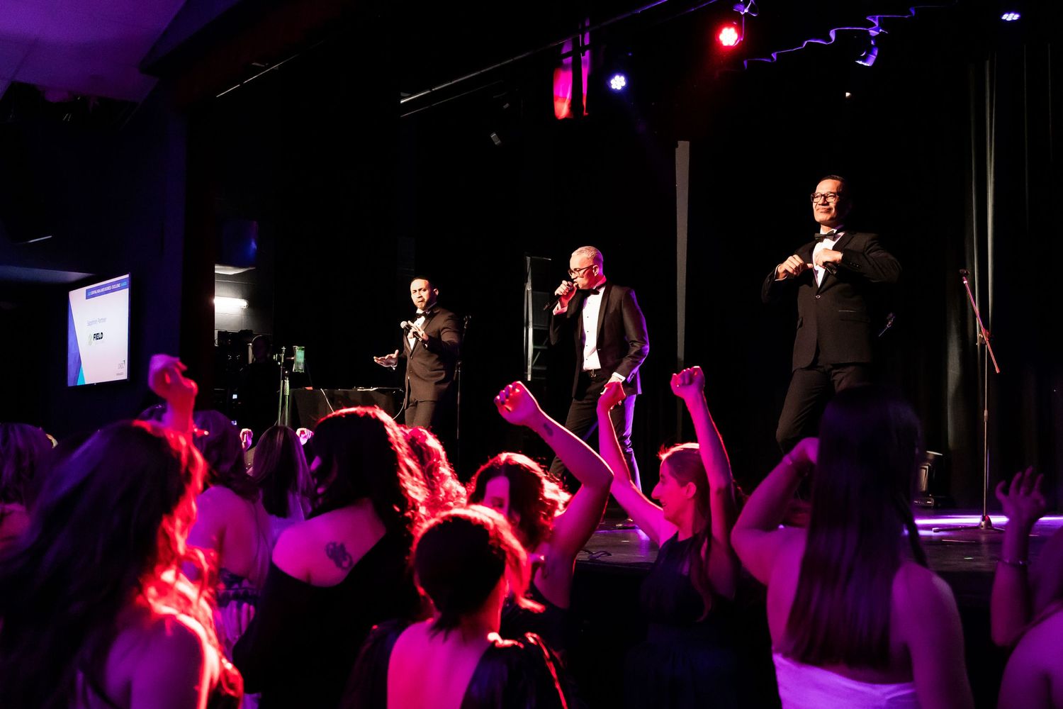 Performers on stage entertaining an energetic crowd with purple and red lighting.