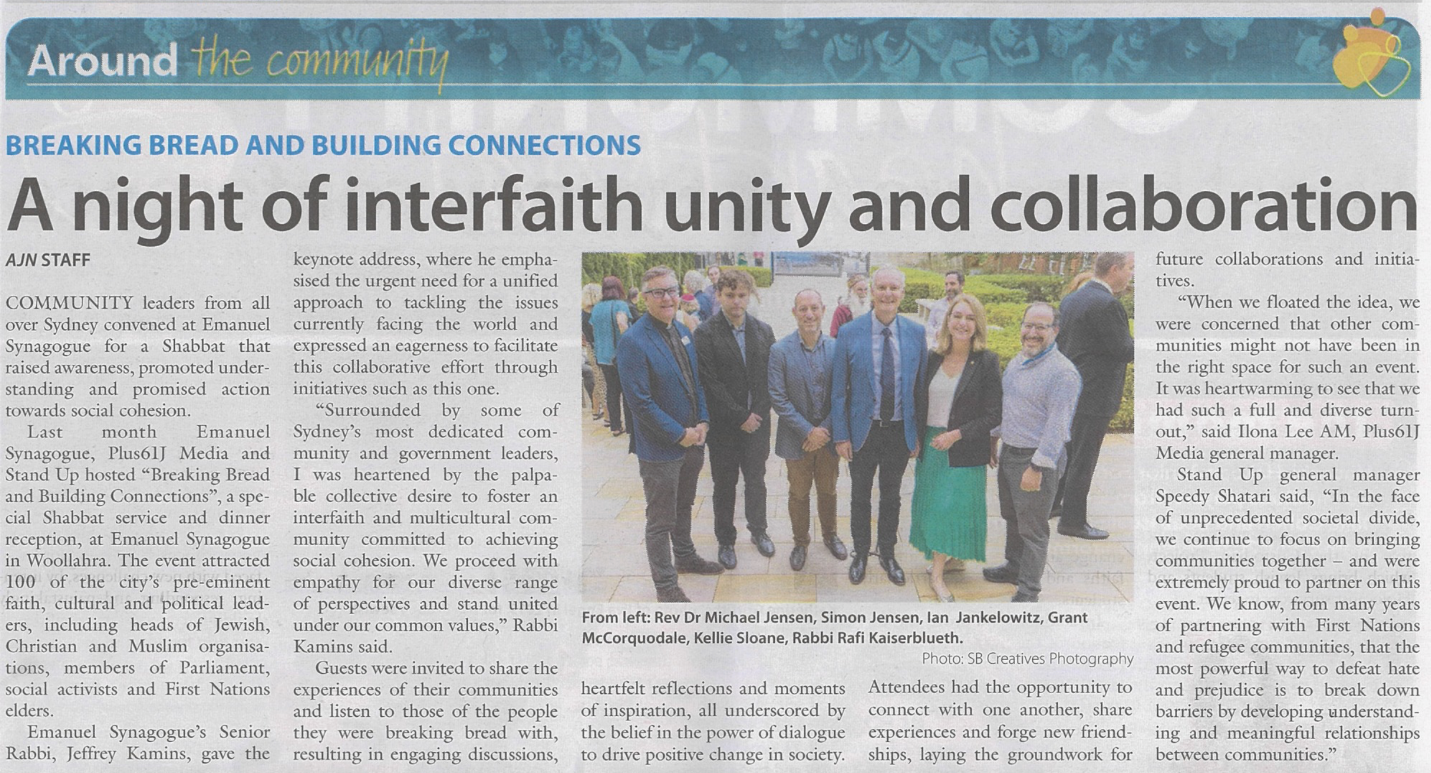 A newspaper article highlighting interfaith unity and collaboration events in the community.