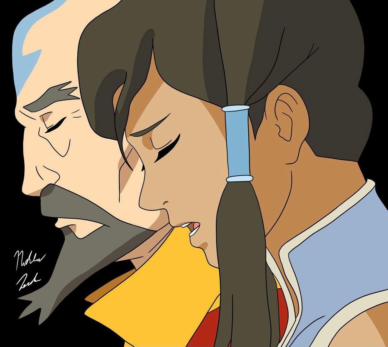Stylized anime-style profile portraits in yellow and blue tones.