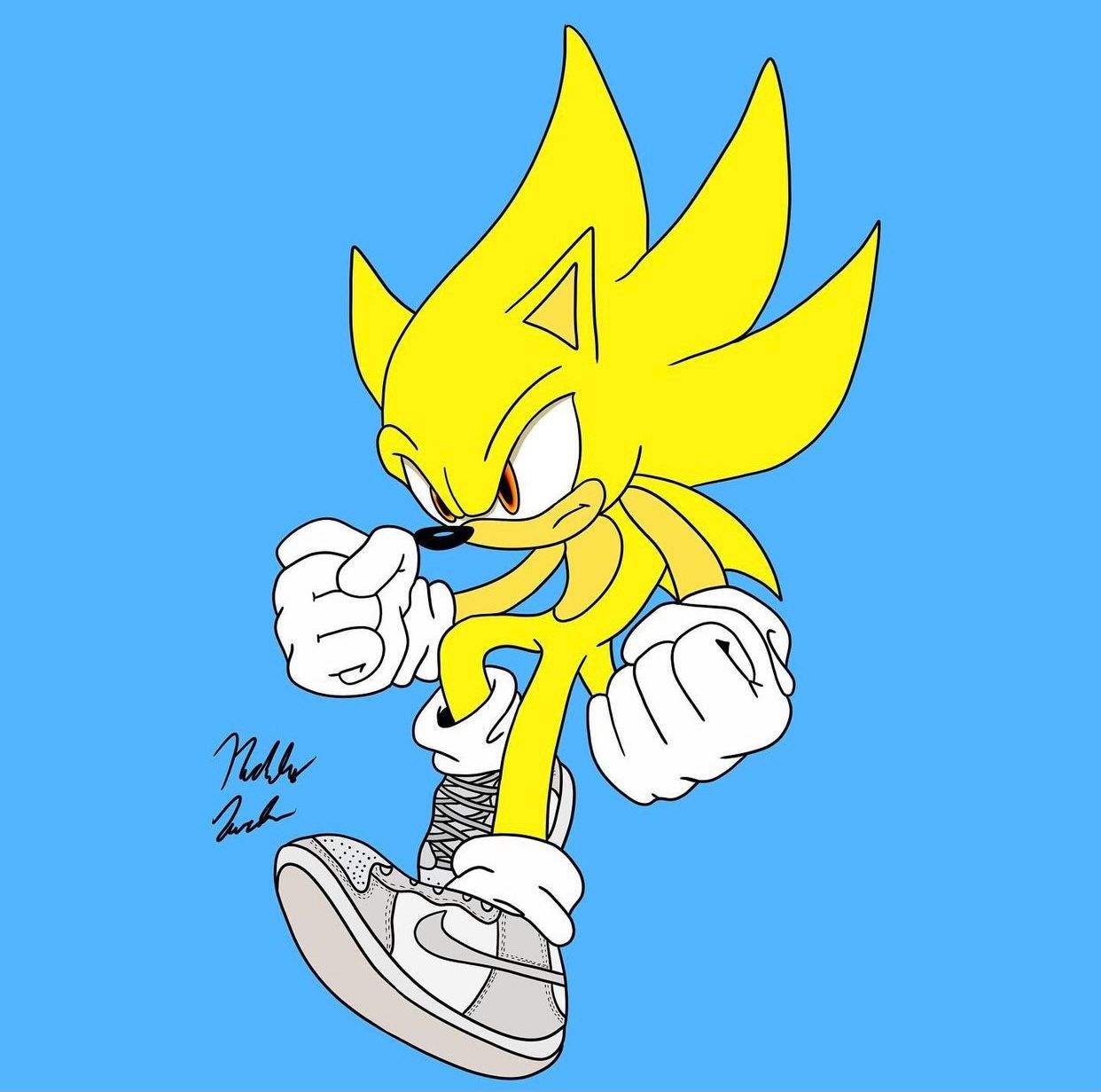 Super Sonic character sprite animation frames with yellow glow against blue background.