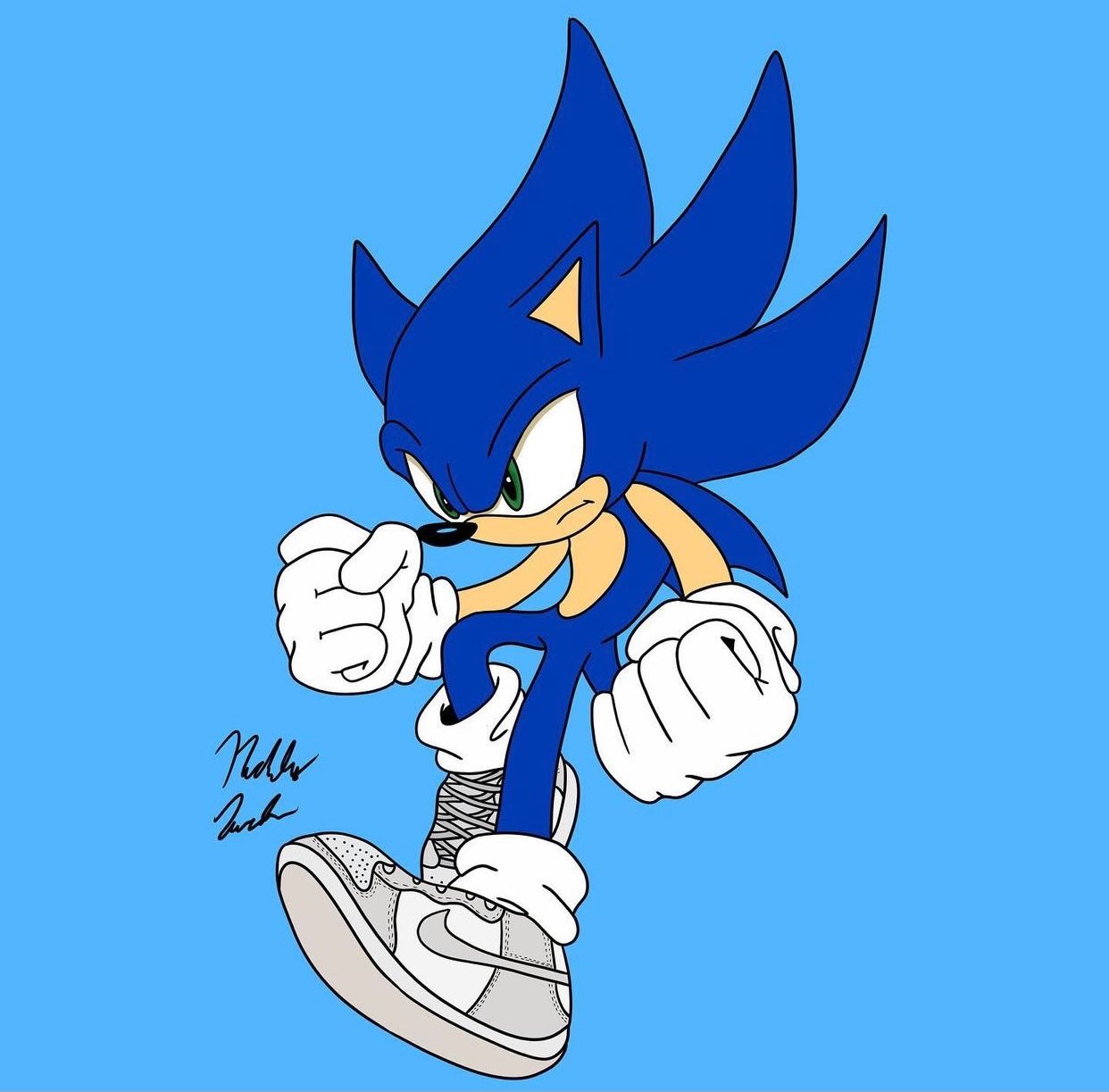 Sonic the Hedgehog character in a fighting stance with blue spiky design against light blue background.