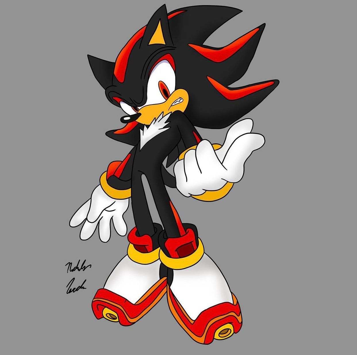 Shadow the Hedgehog character with black and red spikes in a confident pose against grey background.