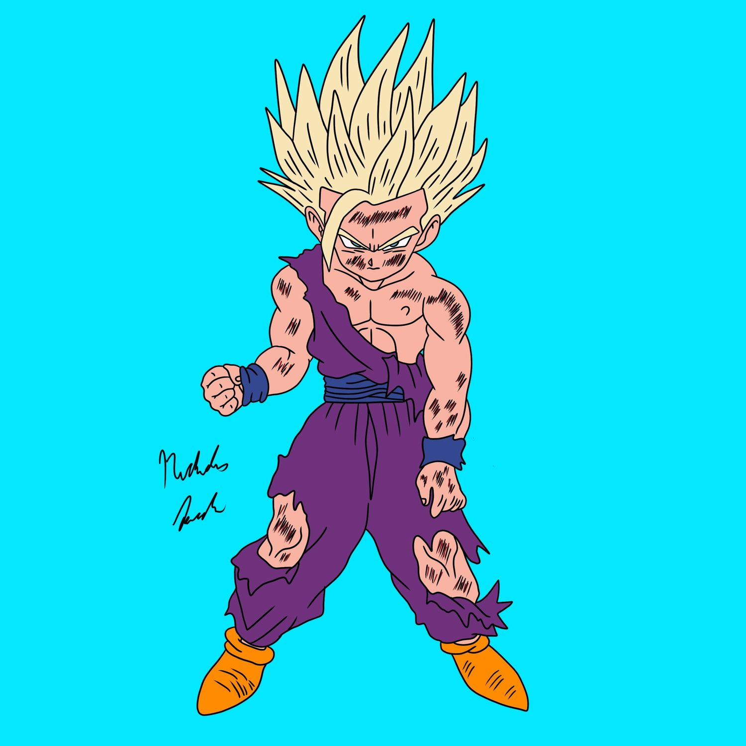 Animated sequence showing a character in purple outfit with spiky blonde hair performing fighting moves against blue background.