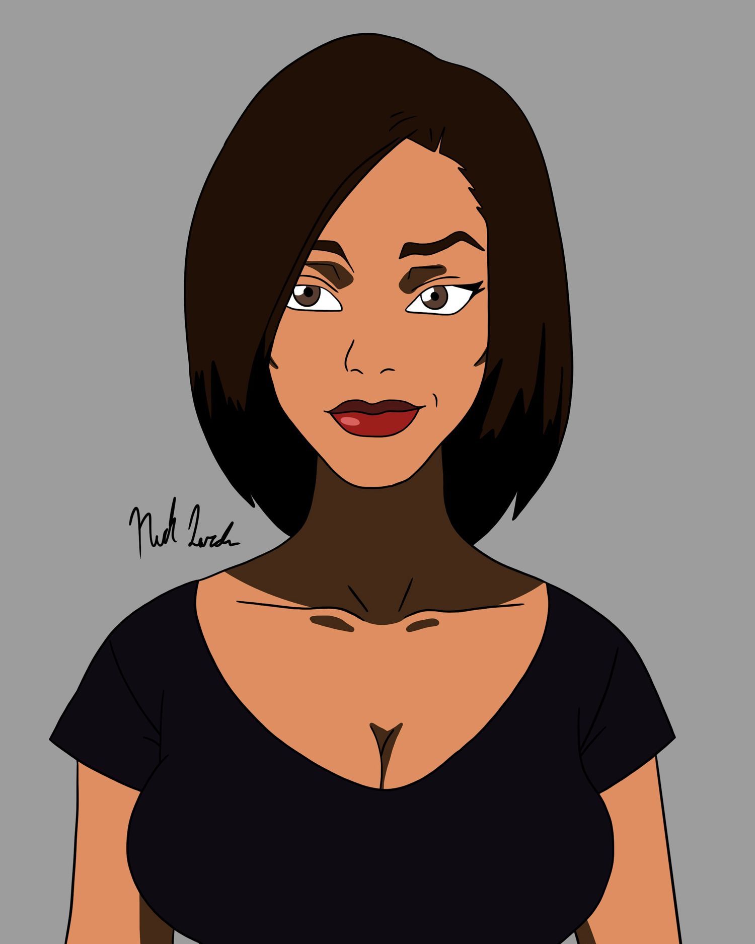 Animated sequence showing a woman in black top with short dark hair in various poses.