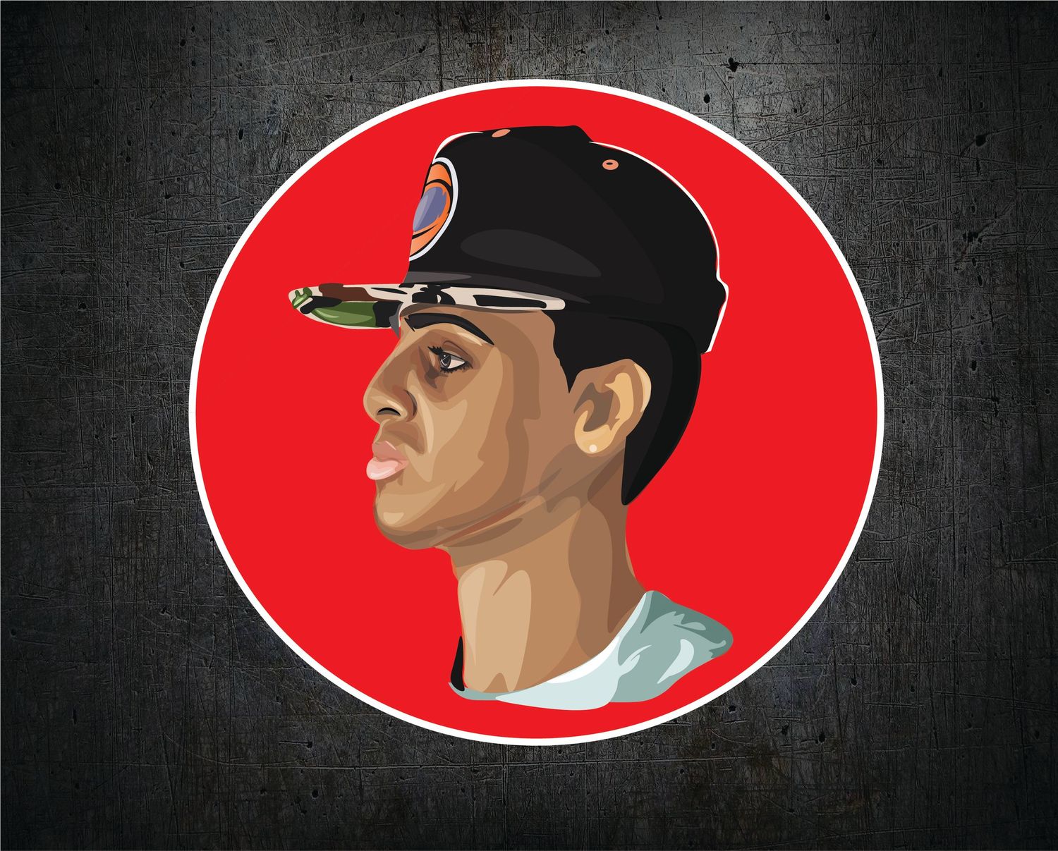 Stylized sports profile illustrations in red circles against a dark textured background.