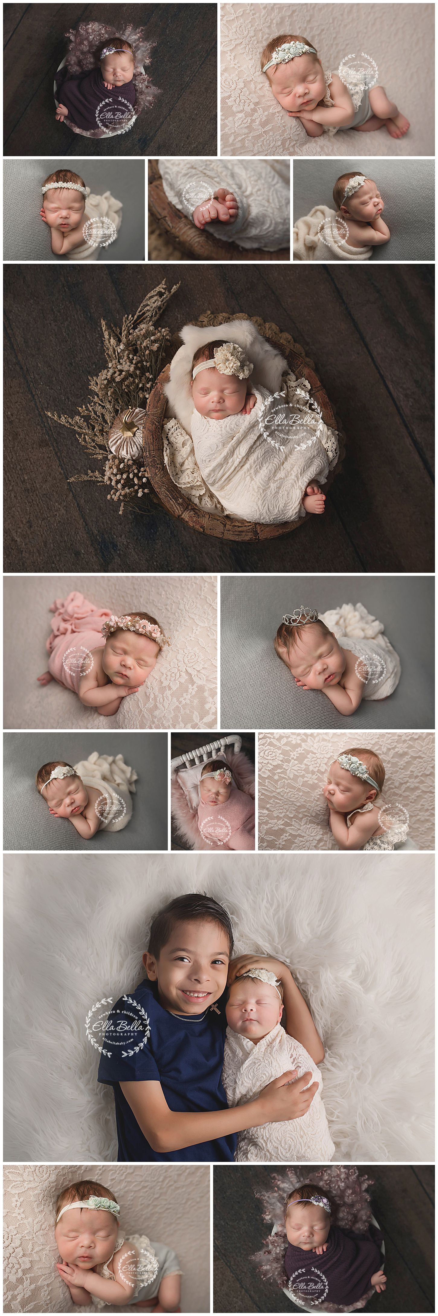 Collection of artistic newborn portraits featuring soft wraps, headbands, and natural props in neutral tones.