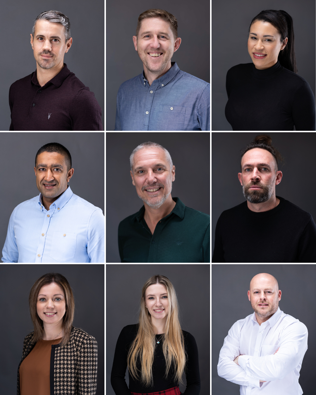 Collage of 9 headshots. 6 men and 3 women wearing smart casual business clothes