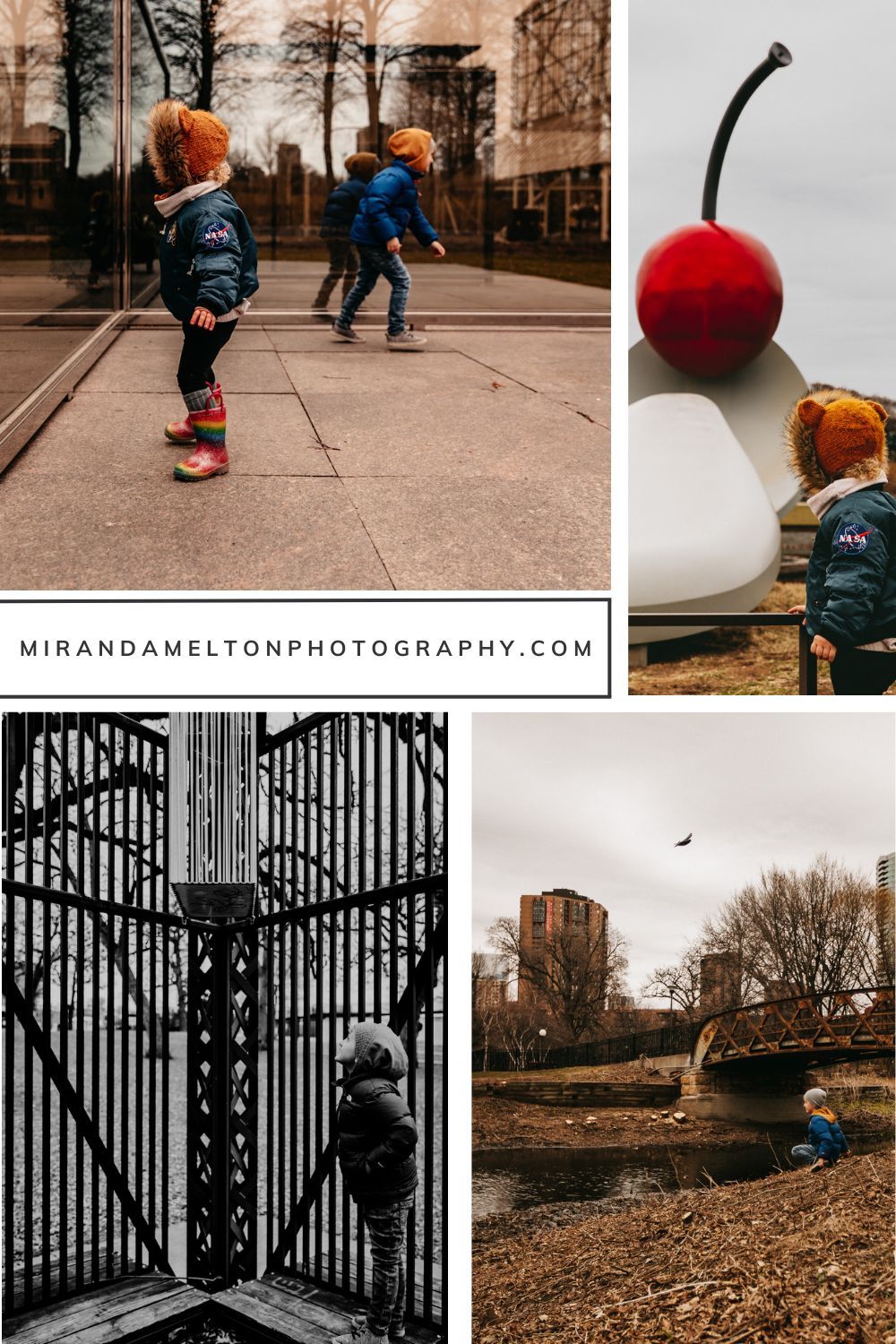 Collage of 4 photos of a family in the Minneapolis Sculpture Garden highlights mindful parenting moments in the Twin Cities