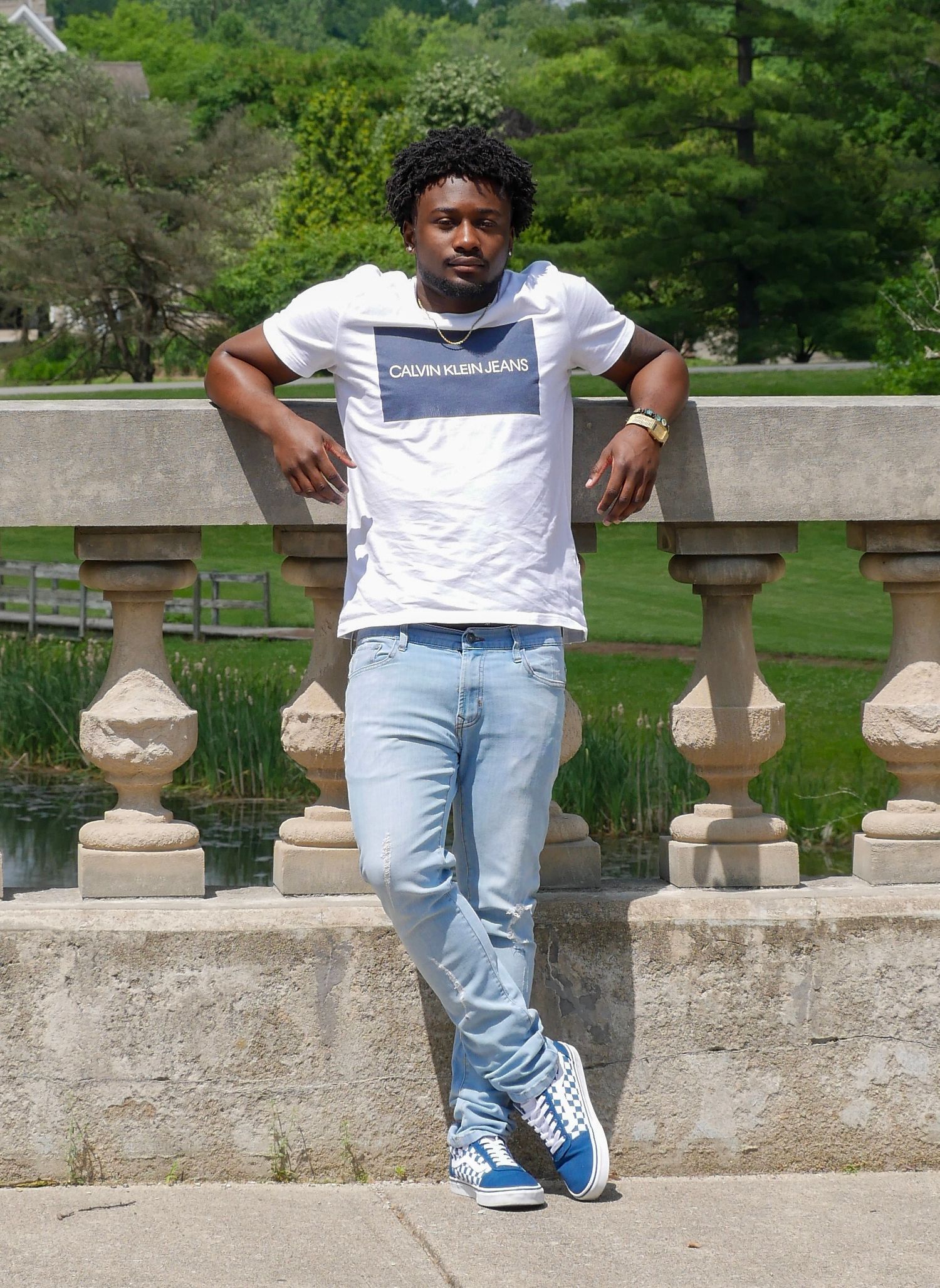 Person in casual attire leaning against ornate stone railing in outdoor garden setting.