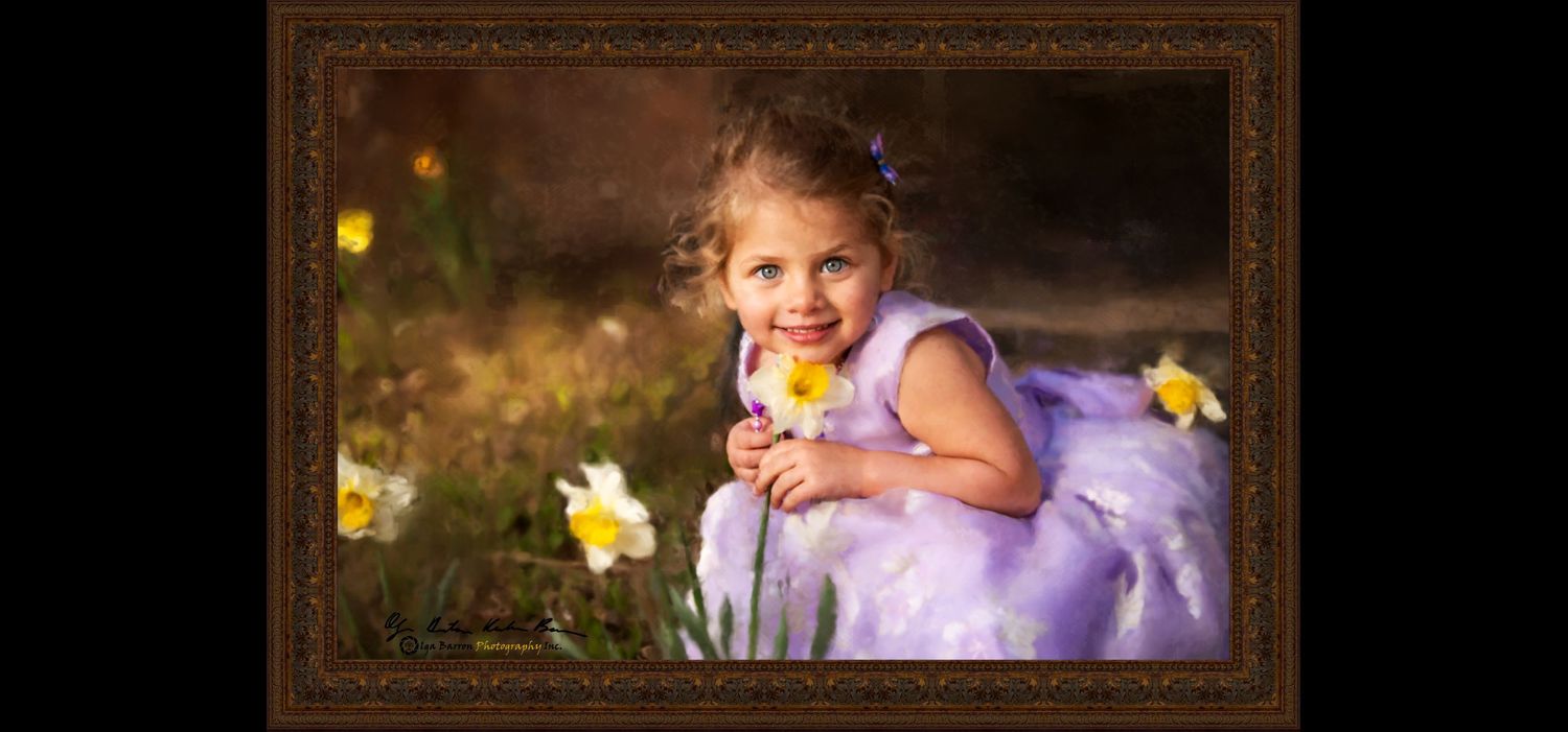 Framed painterly portrait of a little girl with flowers