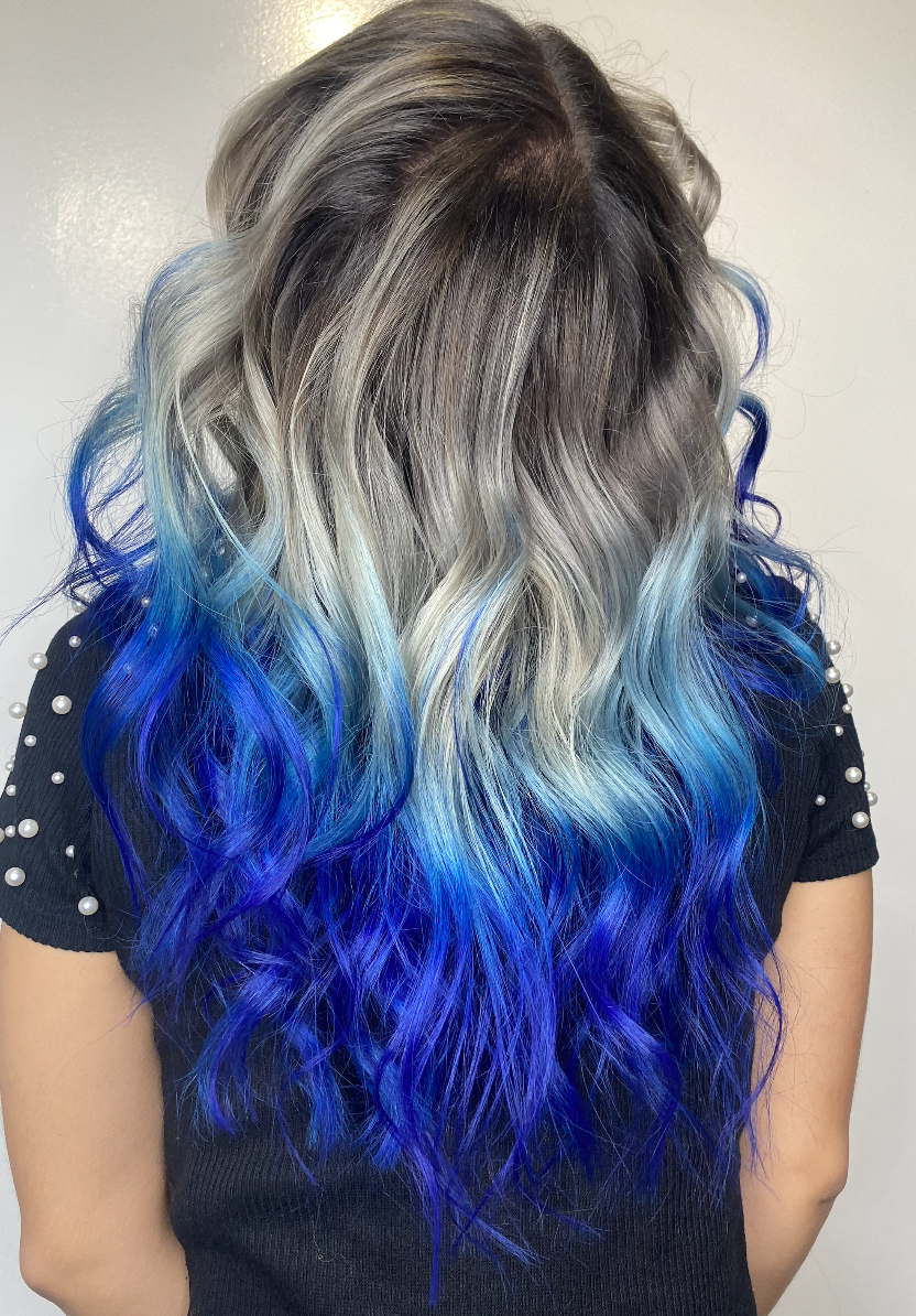 Charcoal gray to white to blue hair