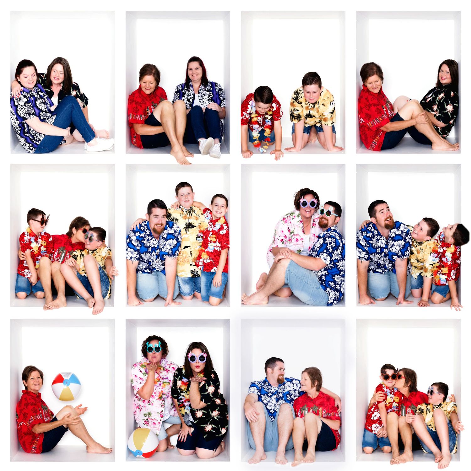 Grid of playful family photo poses in matching Hawaiian print shirts against white background.