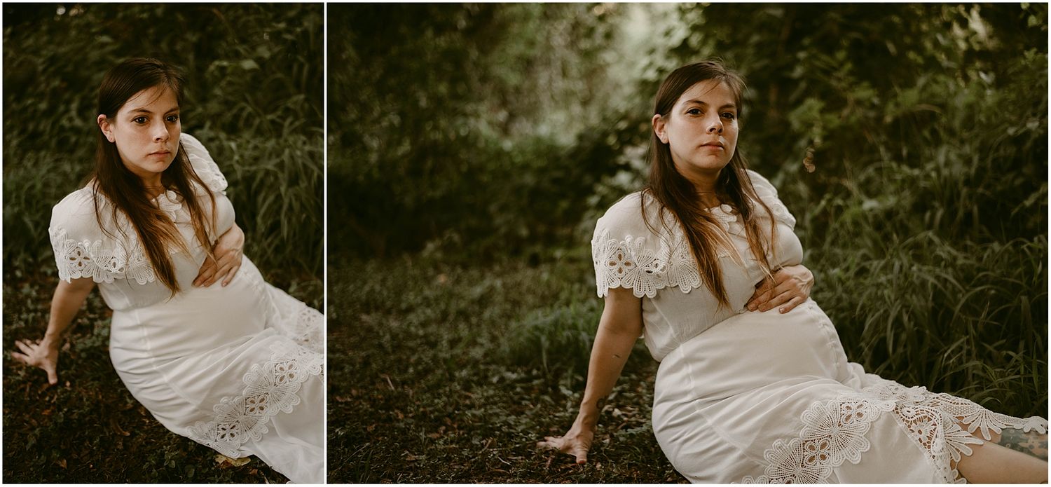 Ethereal maternity photoshoot featuring a white lace dress in a dreamy outdoor garden setting.