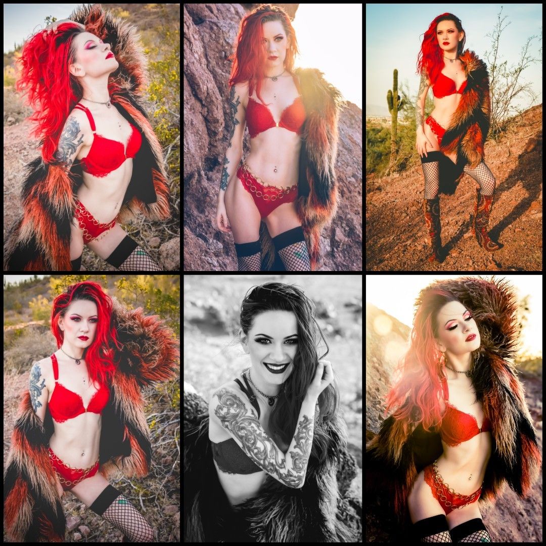 Sexy female model in a faux fur coat and lingerie, posing in the Arizona desert with styled hair and makeup, captured in a collage.