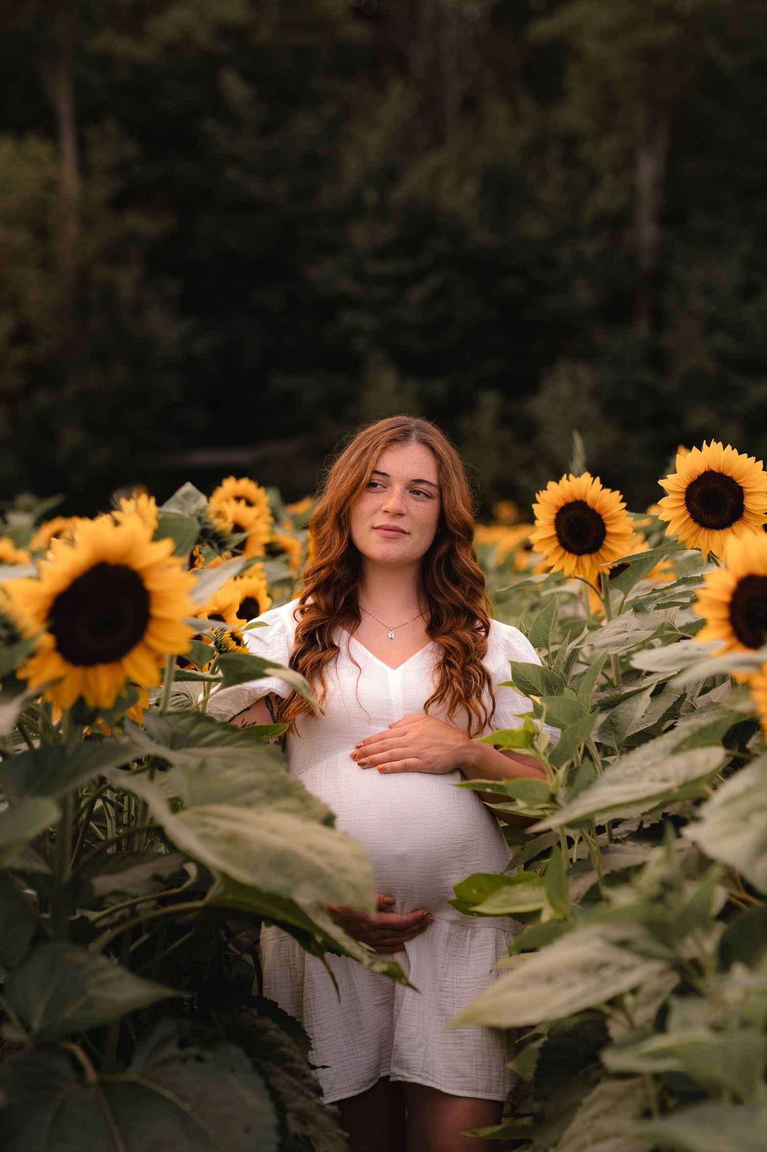 Person stands among tall blooming sunflowers in white outfit during sunset.