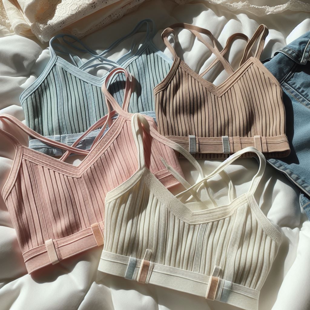 a set of soft crop tops in pastel colours laid out on a white bed