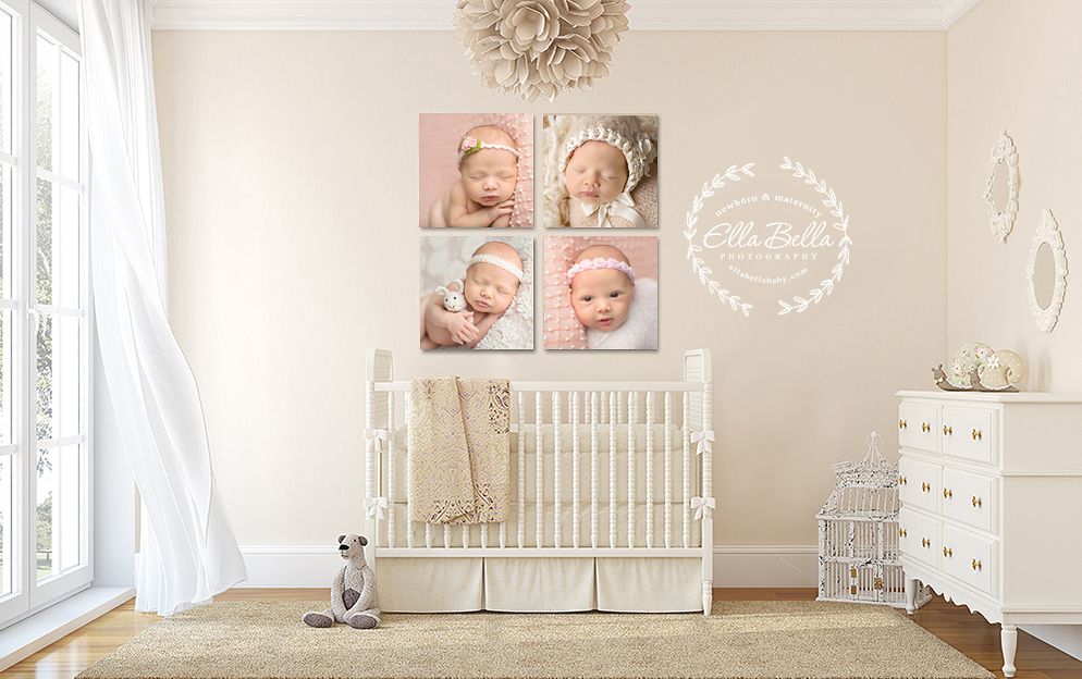 Neutral nursery room with white crib, dresser and large portrait photos displayed above.