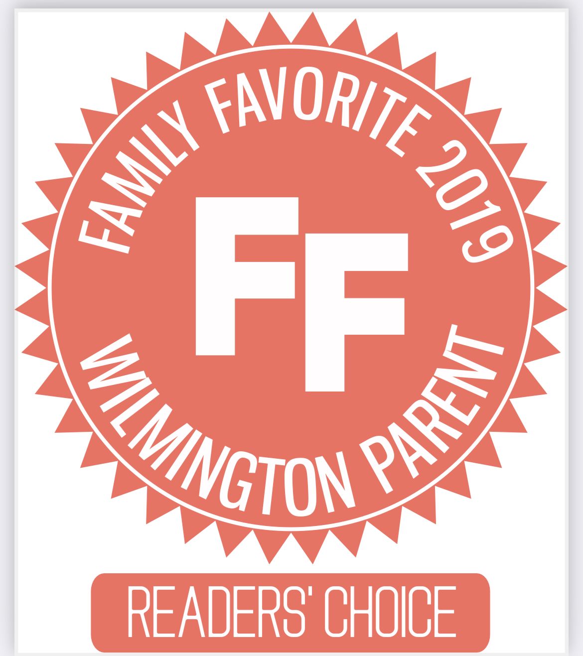 Coral colored circular Family Favorite 2019 Wilmington Parent Readers Choice award badge.