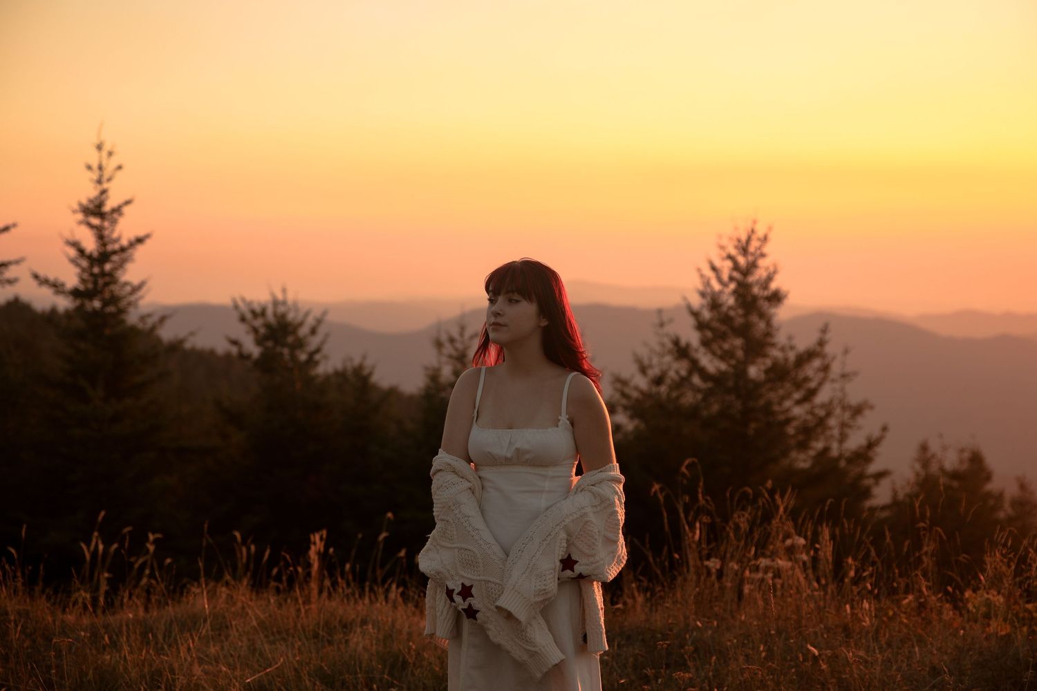 Figure in flowing white dress stands against sunset sky and mountain landscape.