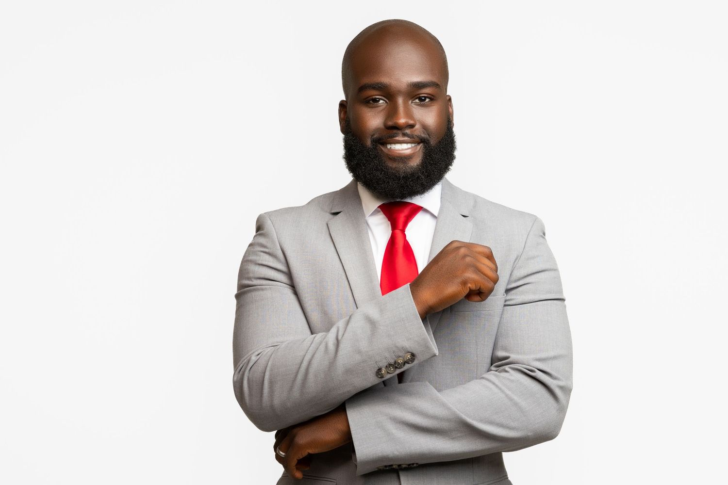 Confident smiling Black businessman in gray suit and red tie posing with arms crossed on white background.