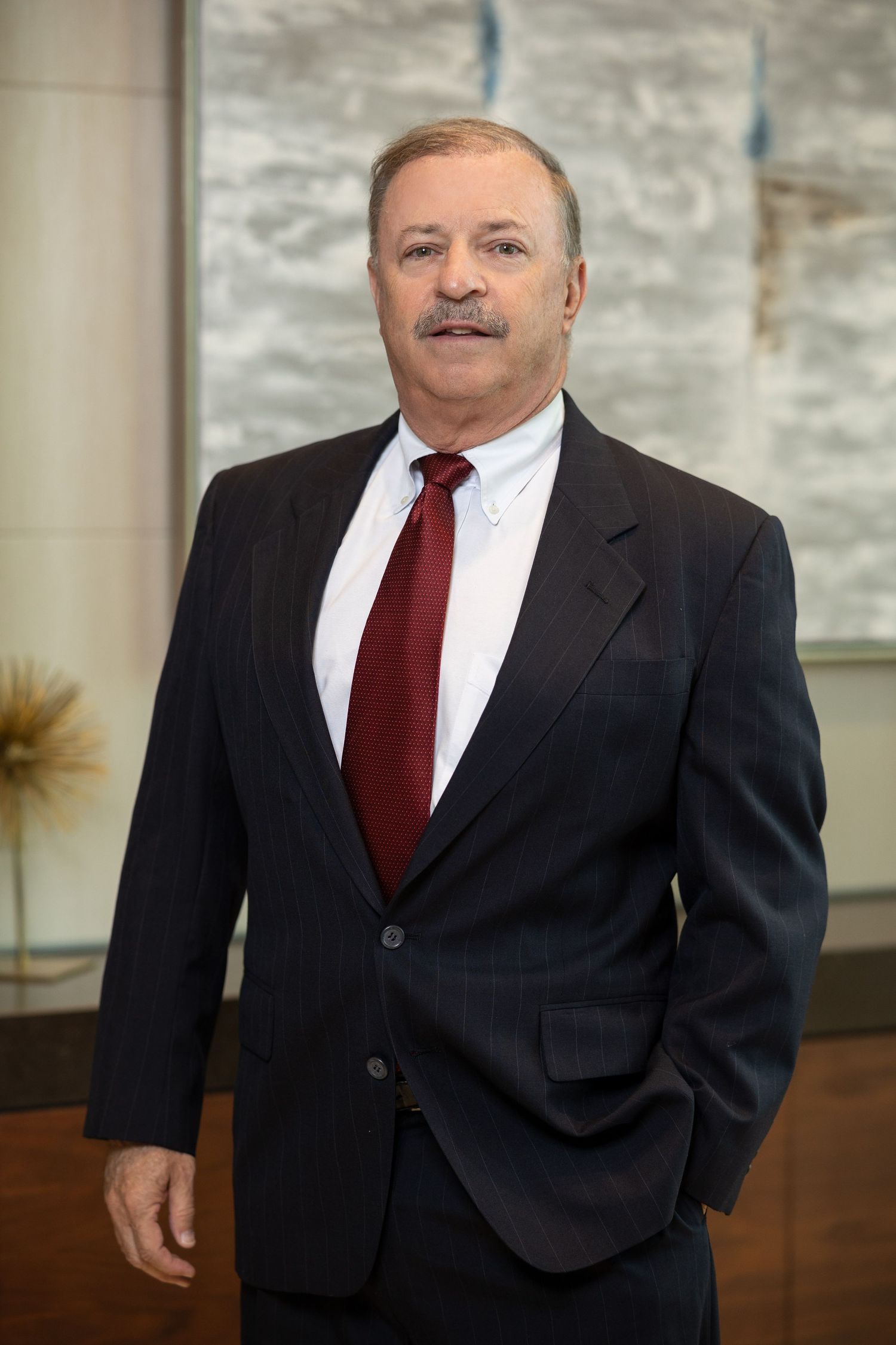 Senior businessman in dark pinstripe suit and burgundy tie stands confidently for professional portrait.