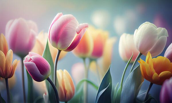 Colorful tulip flowers in soft focus with dreamy bokeh lighting effects in garden setting.