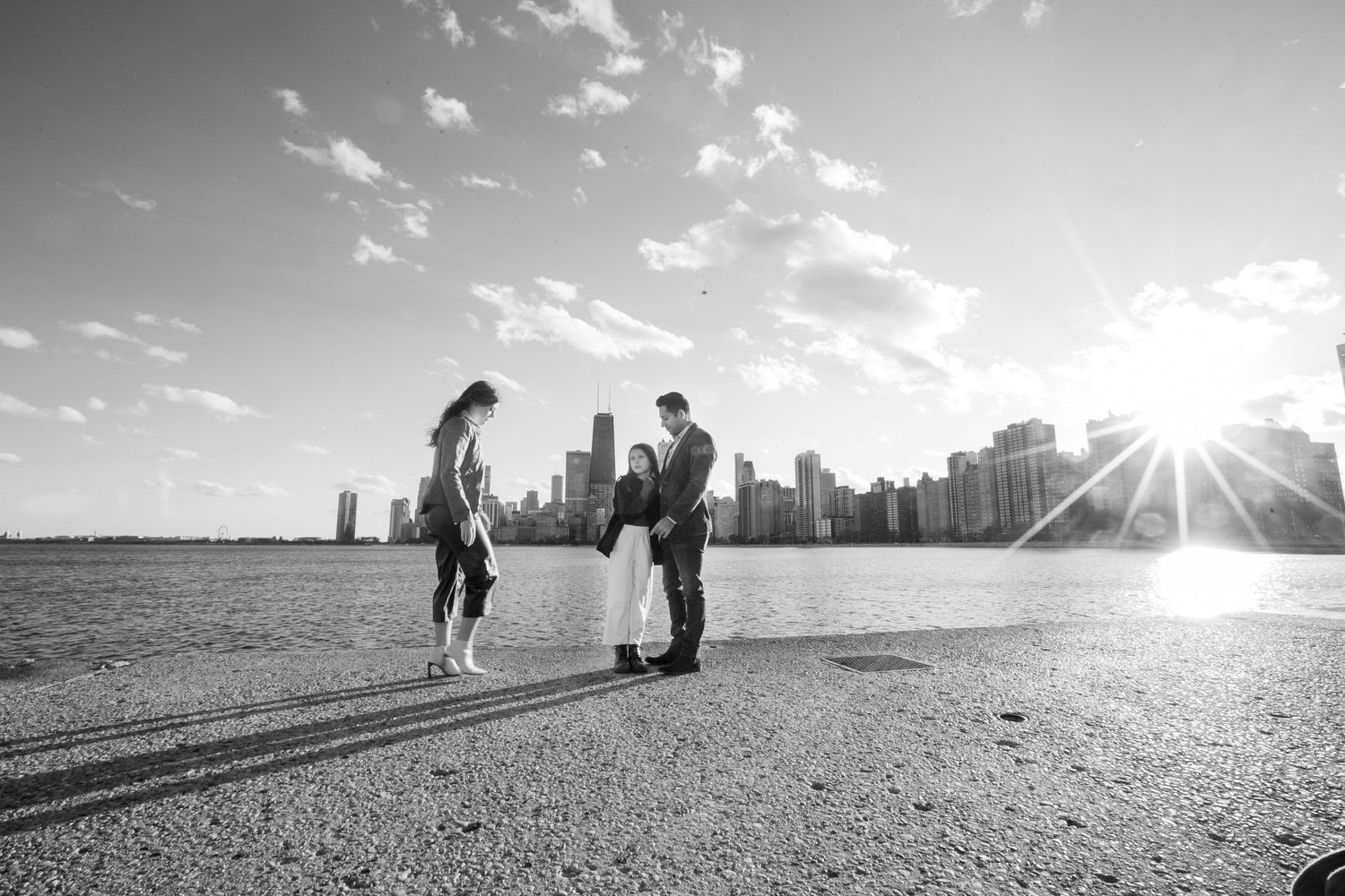 Black and white seaside photos with dramatic sky and sunset silhouettes.