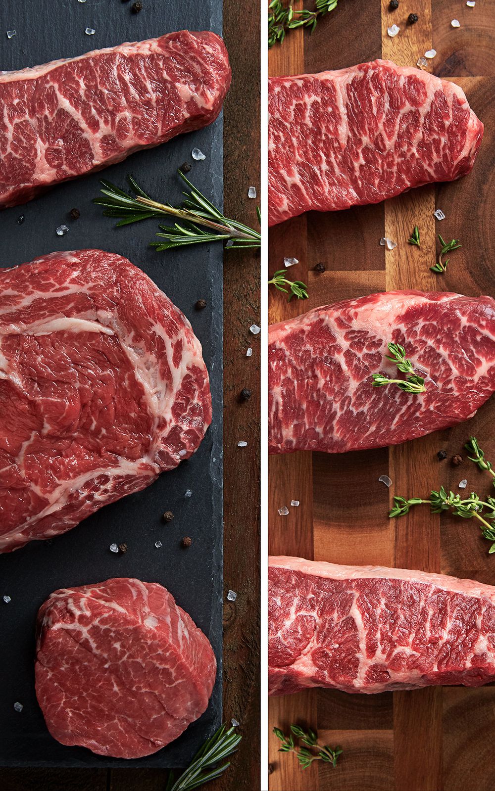 Six freshly cut types of steak are laid out on two separate cutting boards and styled with fresh herbs and spices.