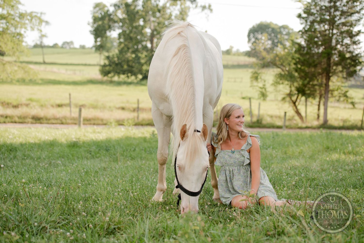A white horse grazes peacefully in a summer meadow with trees in the background.