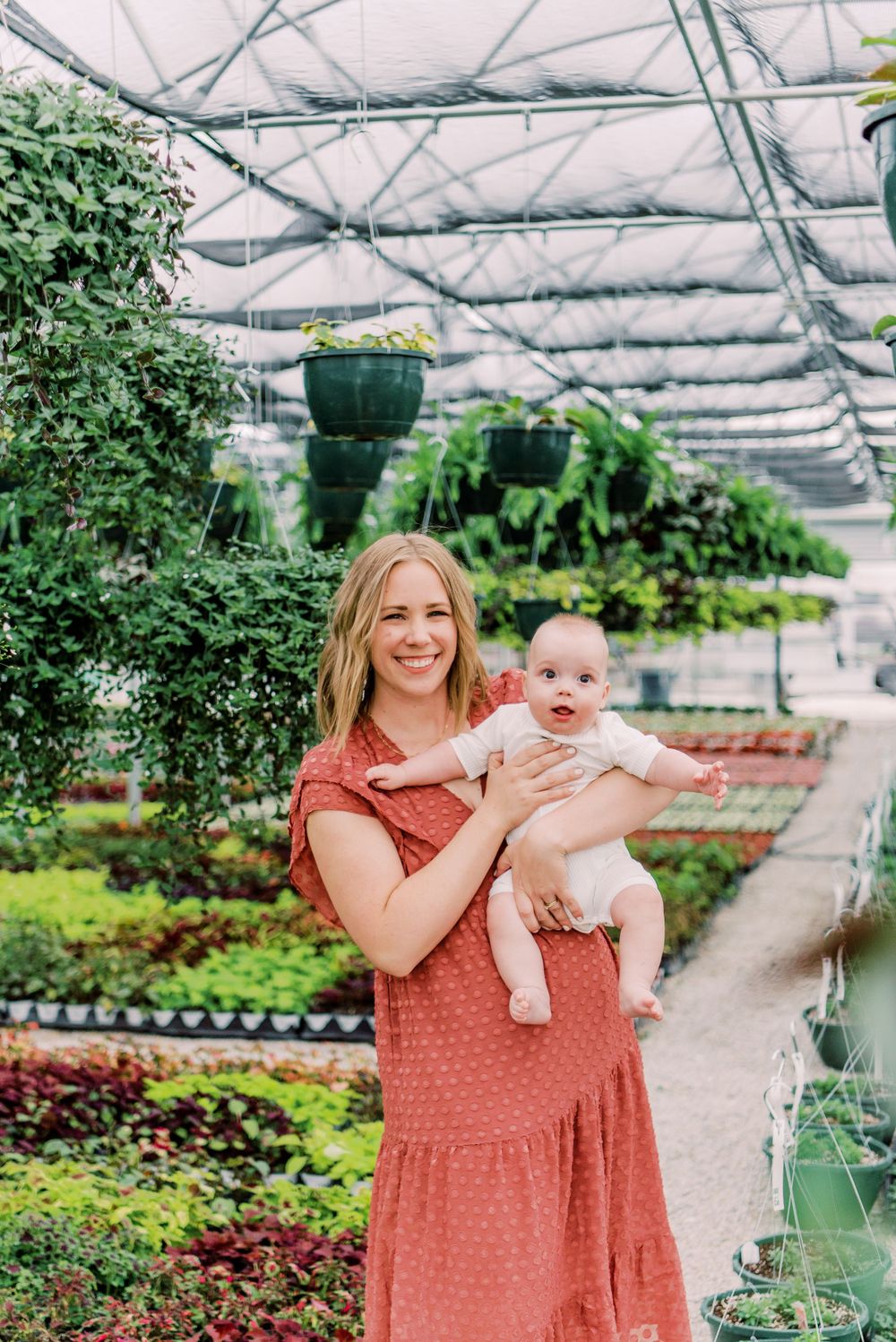 Inside a bright greenhouse, a tranquil scene with rows of potted plants and hanging baskets creates a lush garden atmosphere.
