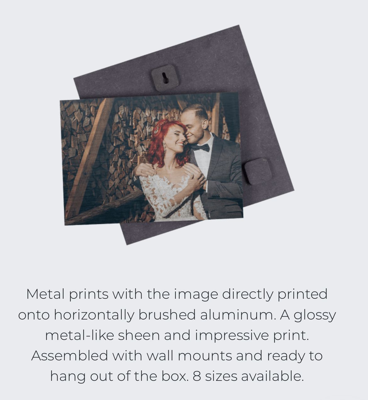 Product photo of metal prints with description text about aluminum printing process.