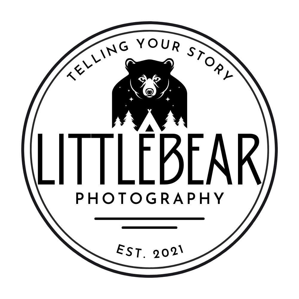 A black and white logo design for Little Bear Photography featuring a bear and forest silhouette.