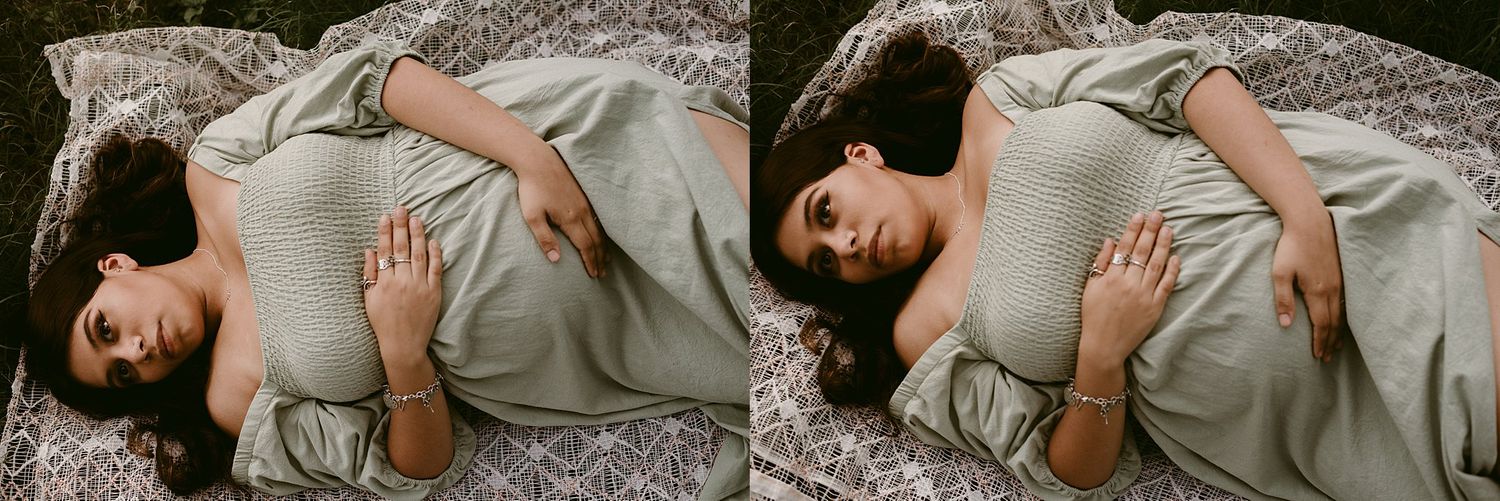 Side-by-side maternity poses on white lace blanket in natural outdoor setting.