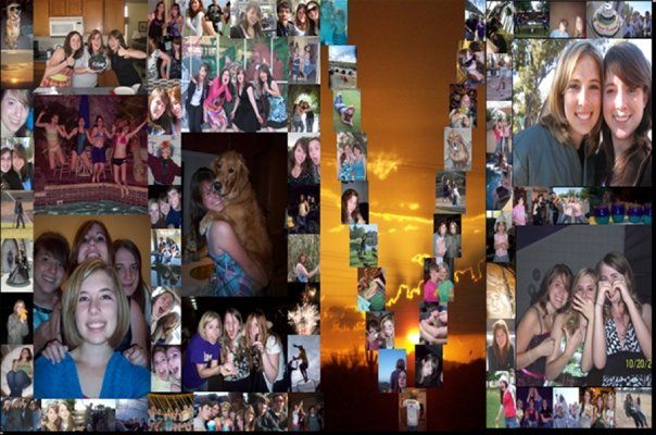 A collage of photos arranged in a sunset gradient displaying various group memories.