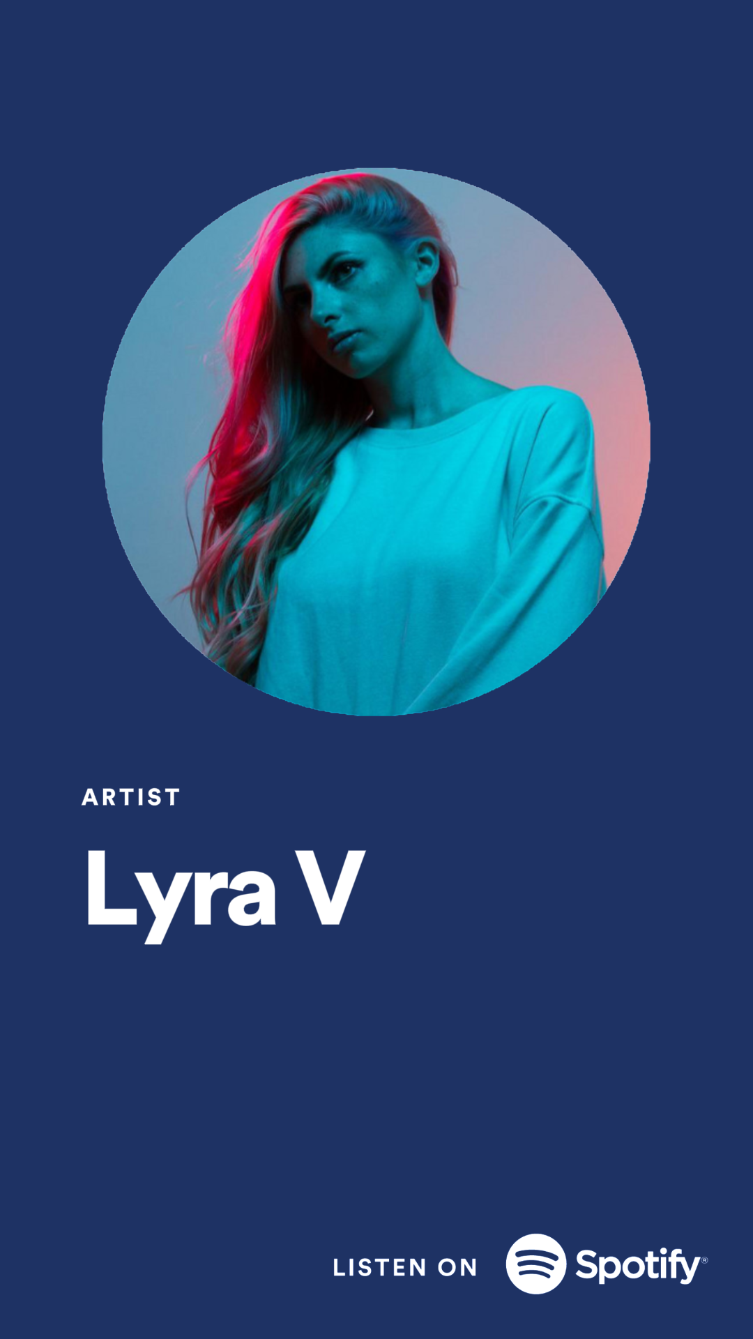 Spotify artist profile image with neon lighting effects against dark blue background.
