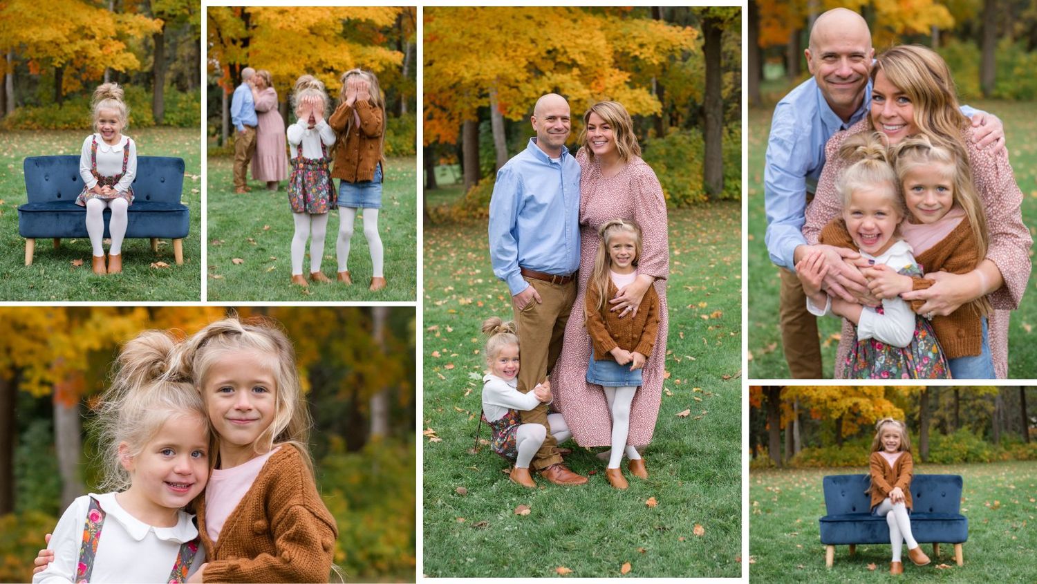 Collection of outdoor family portraits with yellow fall foliage and natural autumn colors.