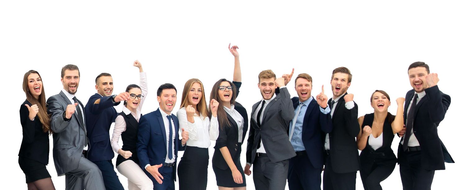 A group photograph of businessmen and women.