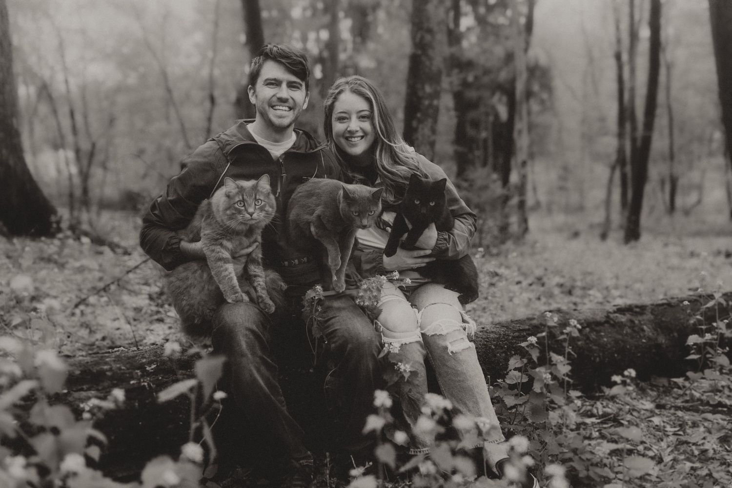 Couple with their dogs pose for casual portrait in misty forest setting.