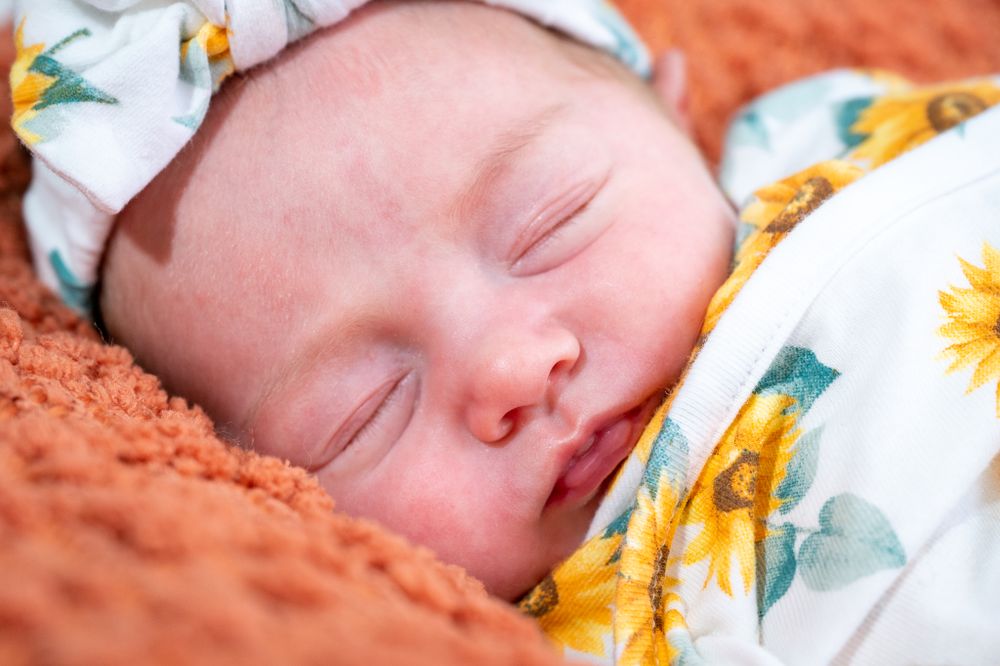 Newborn sleeping soundly wrapped in sunflowers
