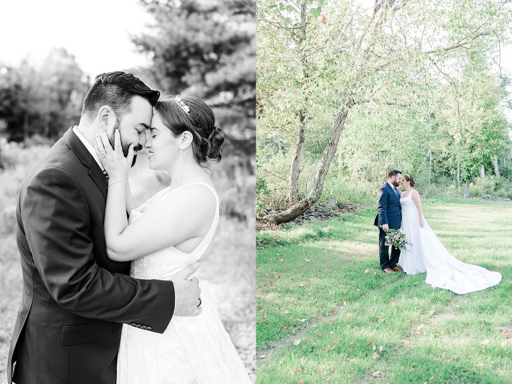 Intimate wedding portraits captured in black and white and color against natural backdrops.