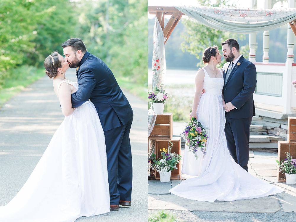 Wedding couple shares intimate moments in an outdoor setting and under a rustic wooden arch.
