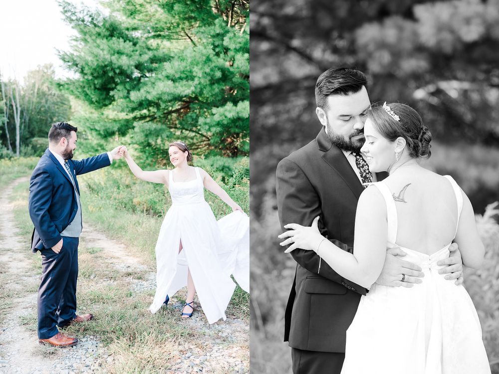 Wedding couple poses playfully outdoors with the bride twirling her dress in a natural setting.