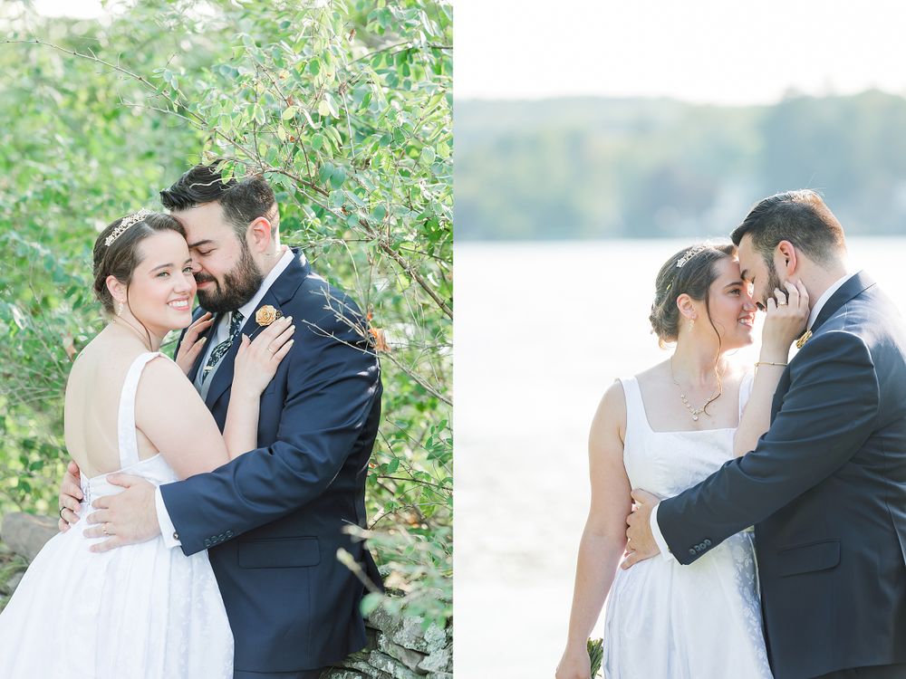A romantic wedding couple embraces in a garden setting and by a serene lakeside.