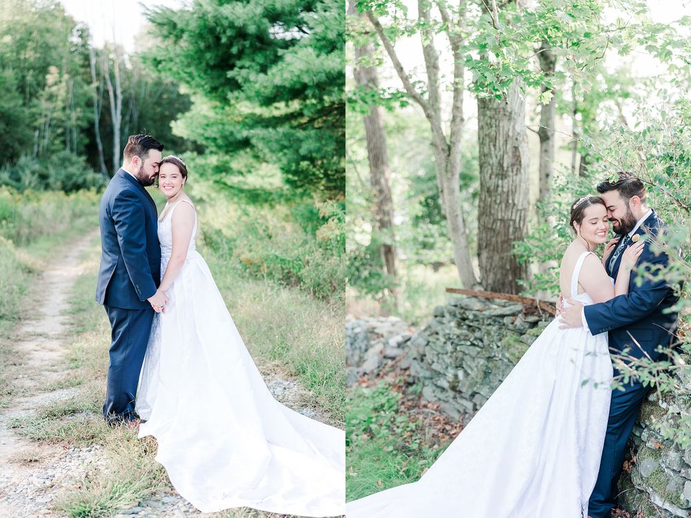 Side by side outdoor wedding portraits featuring forest path and stone wall settings.