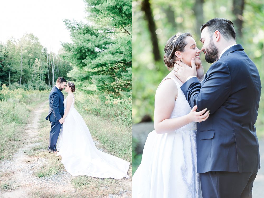 Side by side wedding portraits showing couple on forest path and in intimate embrace.