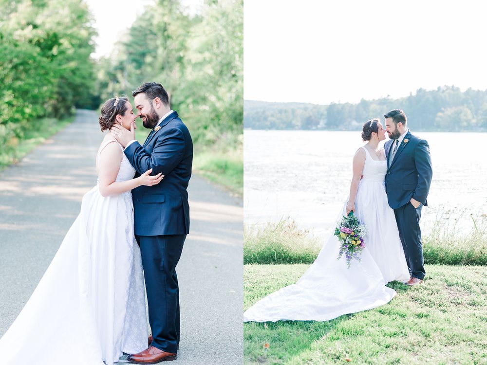 Wedding couple photos side by side showing intimate moments on path and lakeside setting.