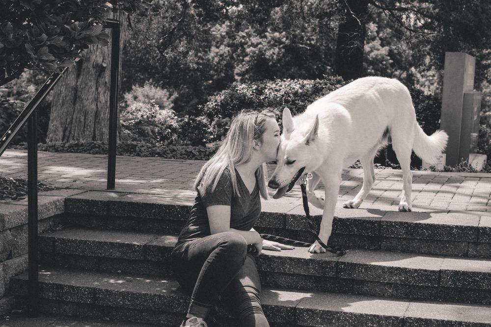 A black and white image of a young woman kissing her dog on the forehead